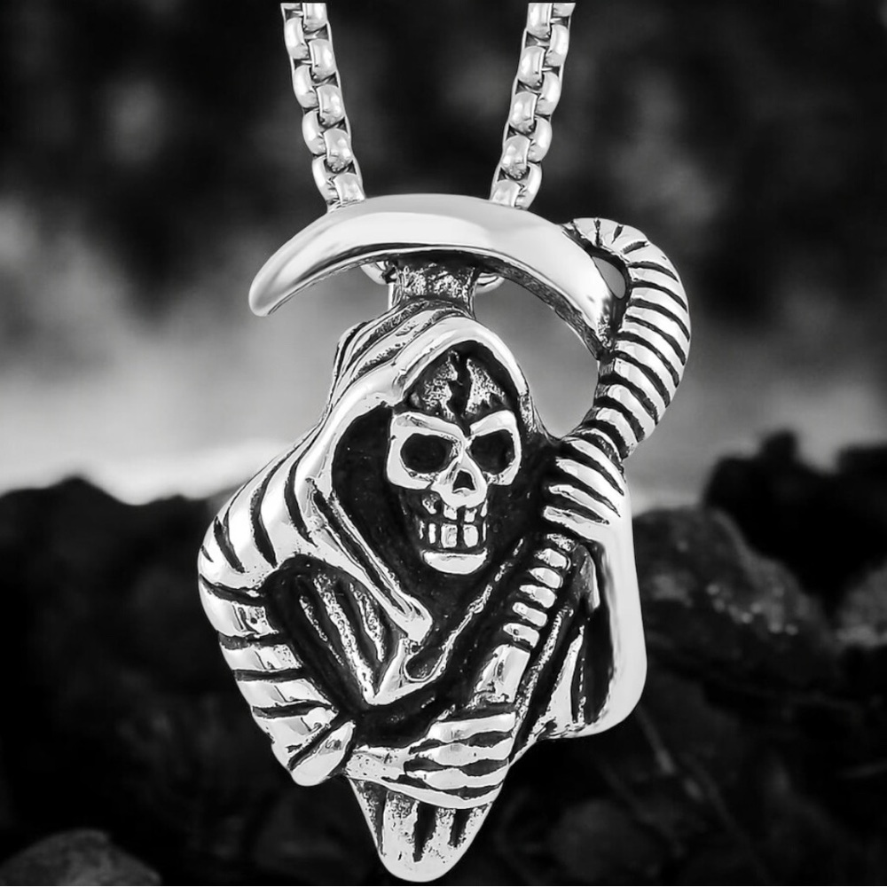 Grim Reaper Skull Pendant Silver Necklace